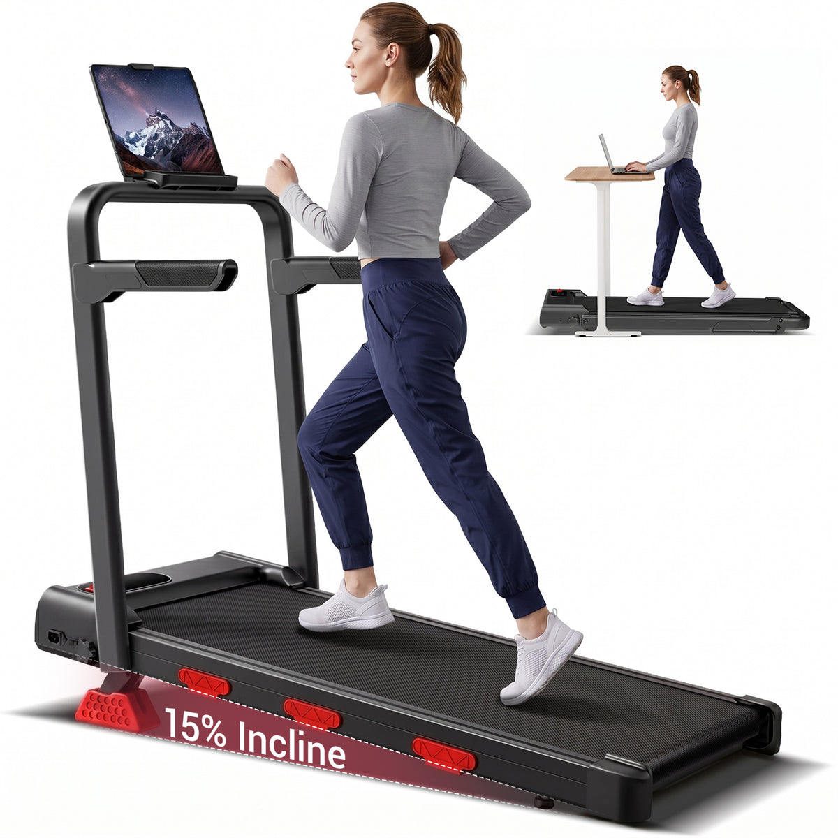 CURSOR FITNESS Folding Walking Pad with 15% Incline & Adjustable Handlebars, 2.5HP, 6.2 MPH Under Desk Treadmill for Home,300 lbs Capacity