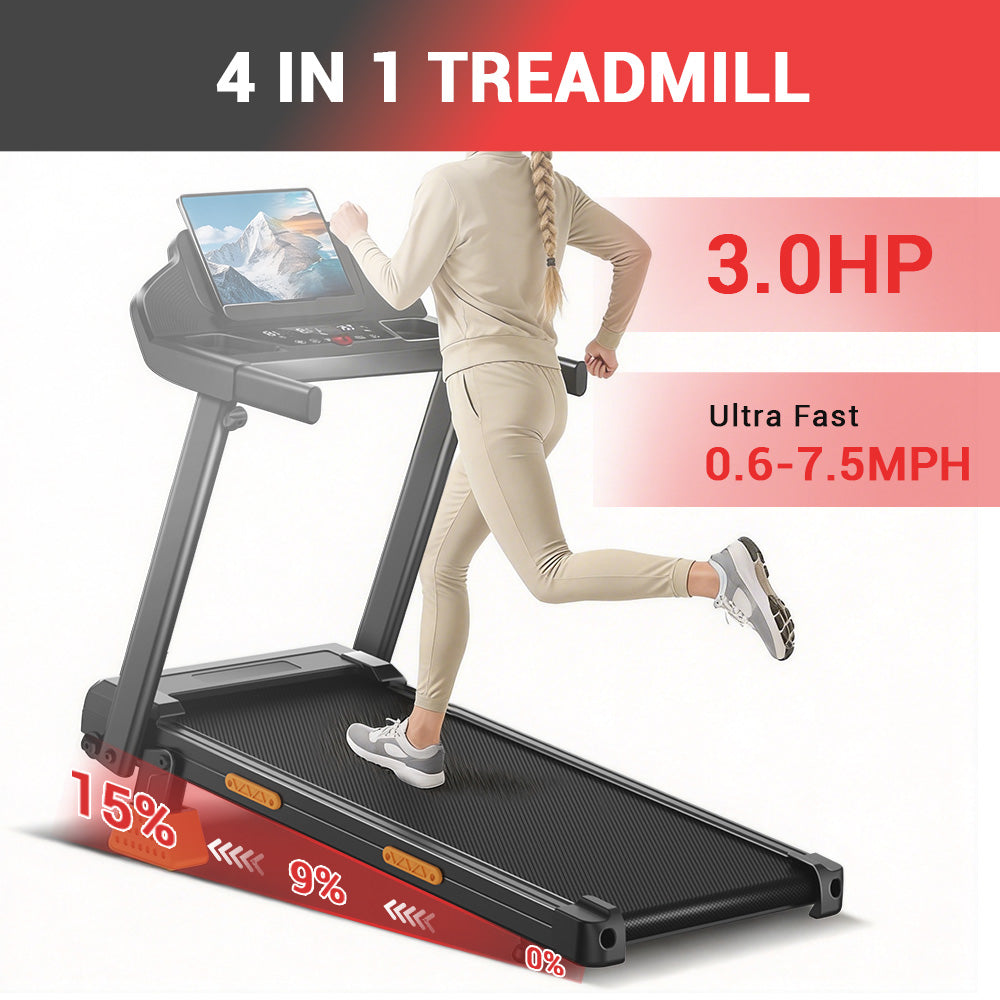 CURSOR SF20 Foldable Treadmill with Wider Three Screen & Holder, 15% Incline & MAX 7.2MPH (New Upgrade)