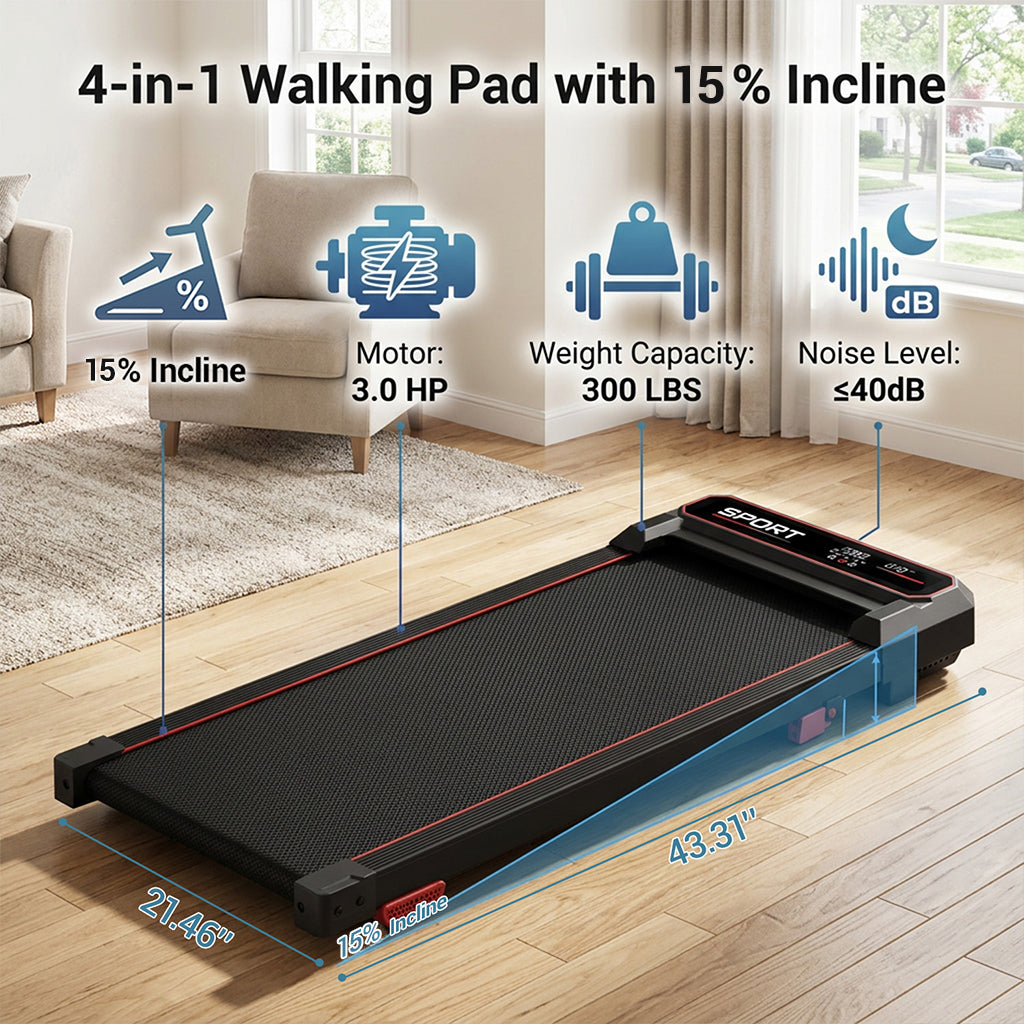 CURSOR U19 FITNESS 3-in-1 Walking Pad with 15% Incline, 3.0HP Under Desk Treadmill with Vibration Plate, 300LBS Capacity, Remote Control & LED Display