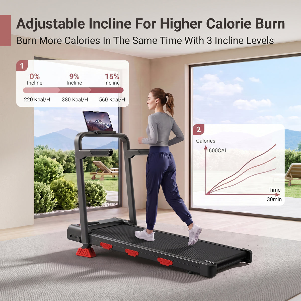 CURSOR FITNESS Folding Walking Pad with 15% Incline & Adjustable Handlebars, 2.5HP, 6.2 MPH Under Desk Treadmill for Home,300 lbs Capacity