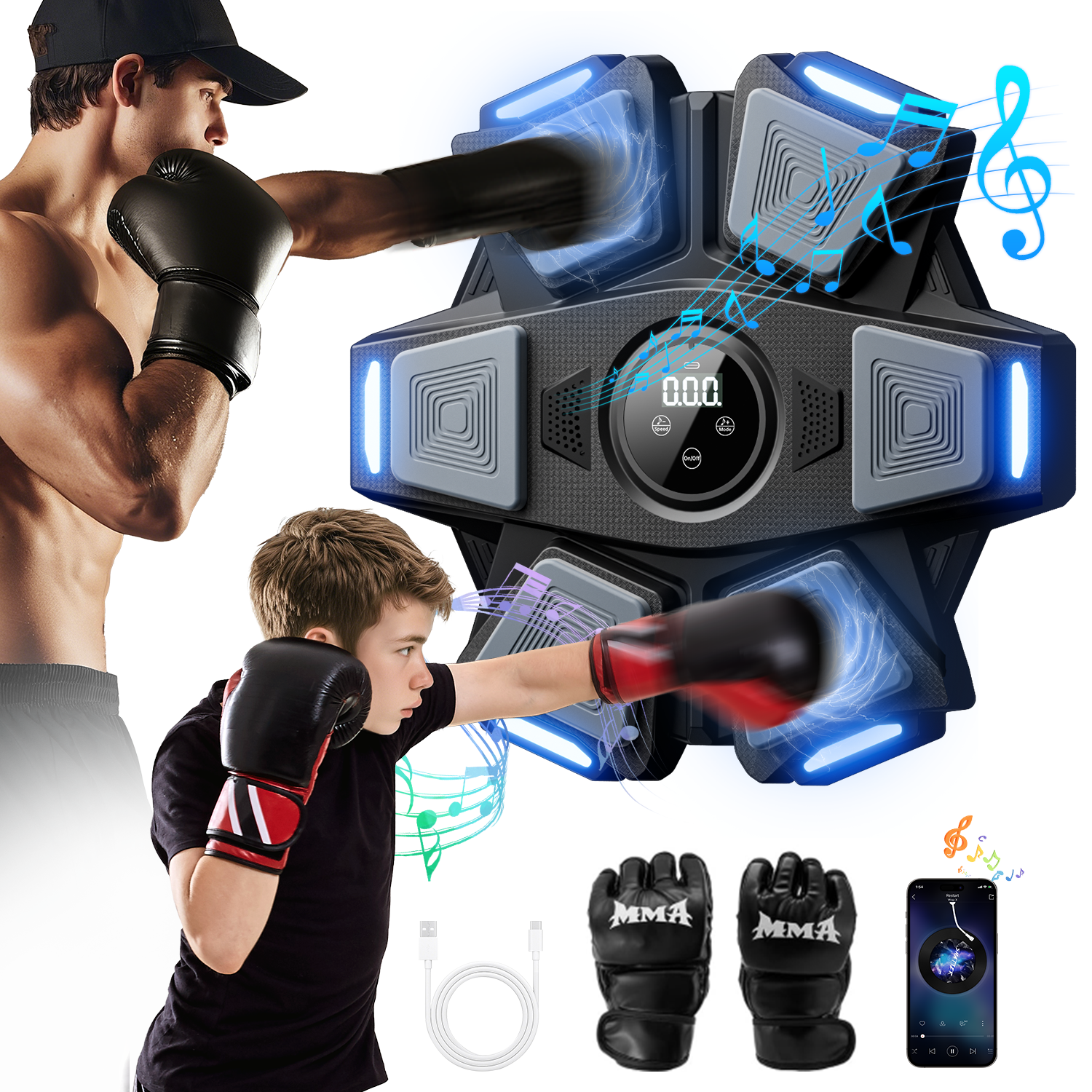 Umay Smart Music Boxing Machine, Bluetooth Interactive Punching Trainer with Boxing Gloves