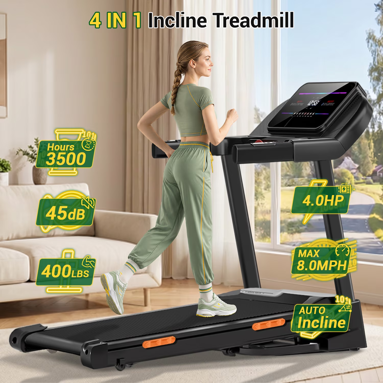 CURSOR FITNESS U70 19% Auto Incline Folding Treadmill, 4.0HP Quiet Brushless Motor, 400 lbs Capacity, 8.0 MPH for Home