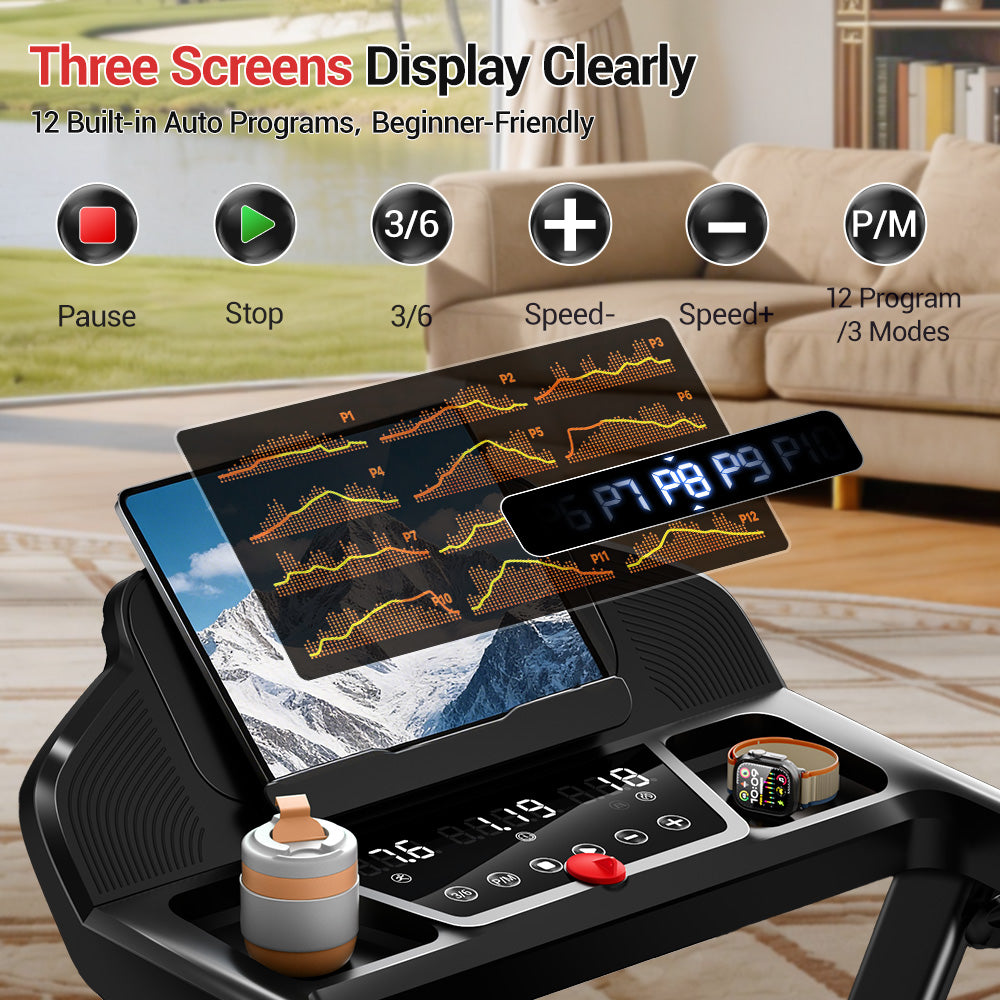 CURSOR SF20 Foldable Treadmill with Wider Three Screen & Holder, 15% Incline & MAX 7.2MPH (New Upgrade)