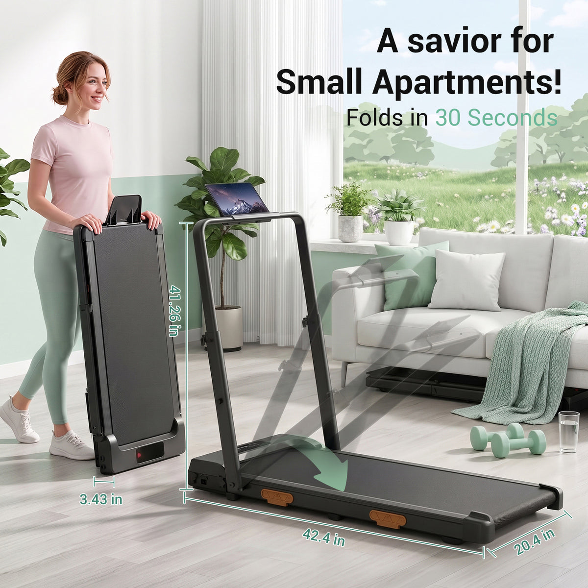 CURSOR FITNESS Walking Pad with Adjustable Height,Under Desk Treadmill for Home Office,Folding Treadmill with 3.0 HP Motor,LED Display,Remote Control,350 lb Capacity