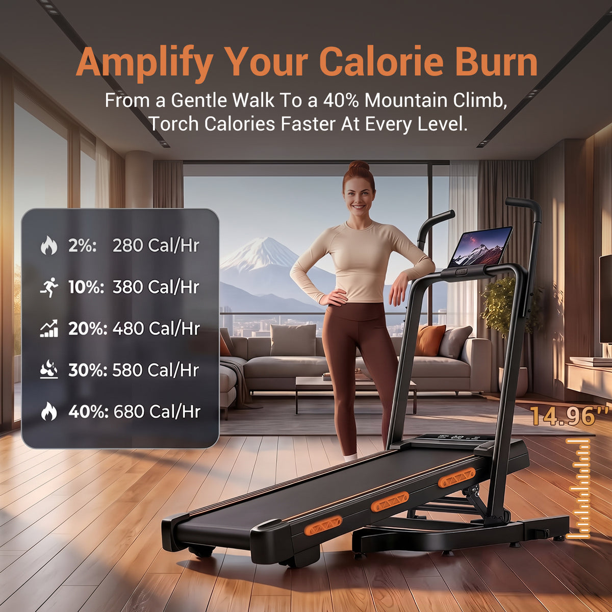 CURSOR FITNESS Folding Treadmill with 39% Incline & Elevated Dual Handrails,5 Incline,3.0HP,0.6-6.2MPH,350 lbs Capacity,LED Display & Remote Control